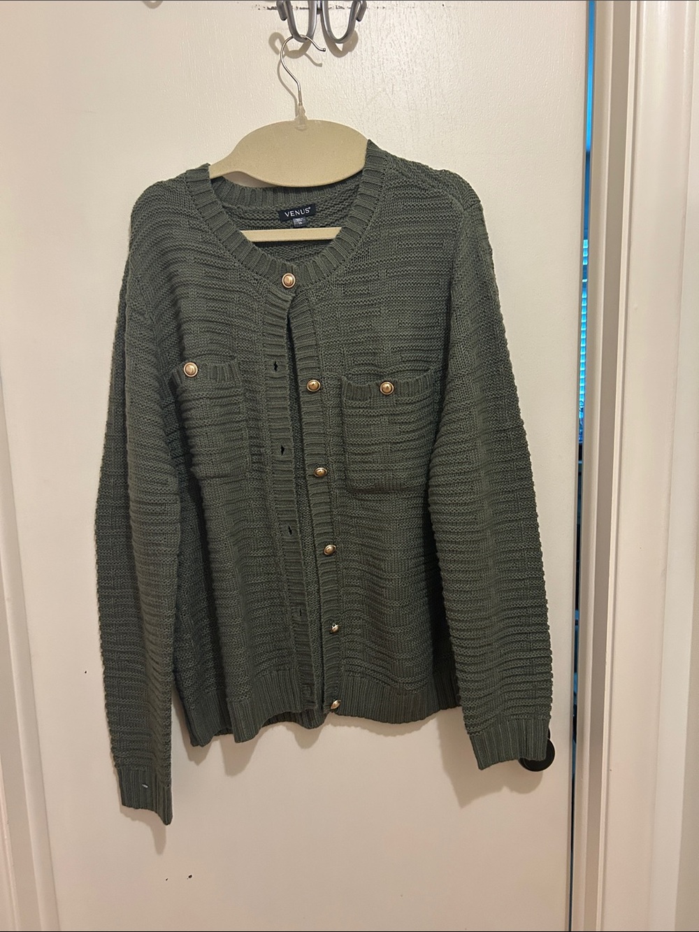 VENUS women’s Olive Knit Button- Up Cardiganwith Chest Pockets